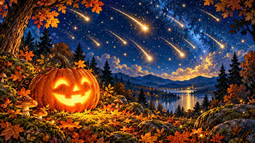 A smiling jack-o'-lantern in a night forest with falling stars.