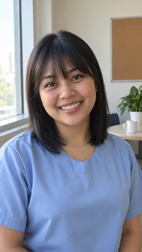 A smiling young woman with straight black shoulder-length hair and a full fringe, a thin silver chain and a plain pale blue scrub top, beside a window in a break room with a cork board and a potted plant.