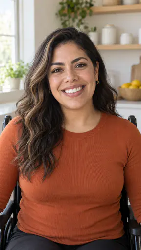 A smiling woman in her early thirties with long dark wavy hair and a caramel streak, small gold hoops and a terracotta knit top, seated in a black manual wheelchair in a bright kitchen with pale shelves, jars and lemons.