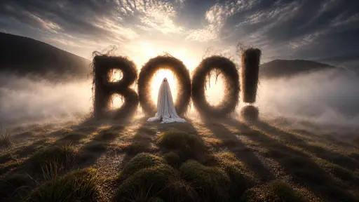 Giant letters spelling BOO with an exclamation mark, built from dark smoky fibrous wisps, stand upright on a foggy mossy moor at dawn. A small white sheet ghost with two dark eyes stands inside the first O, the word is strongly backlit by a bright glowing sky, and long dramatic shadows stretch across the grass toward the viewer through rolling mist.