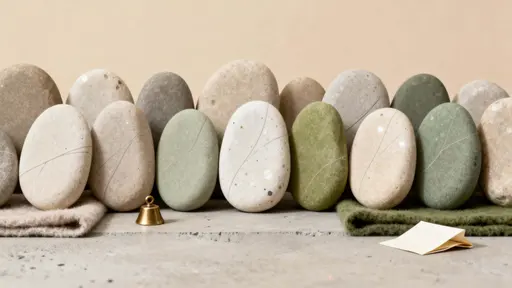 An aligned study of smooth pebble-like shapes arranged across a 16:9 frame, exploring tactile surfaces, gentle light, and calm minimal composition for design reference and visualization.