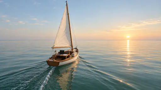 Smooth sailing: a small wooden sailboat with a taut white sail and a neat miniature desk lashed to its deck glides across glassy calm water, leaving one clean straight wake toward an open, obstacle-free horizon.