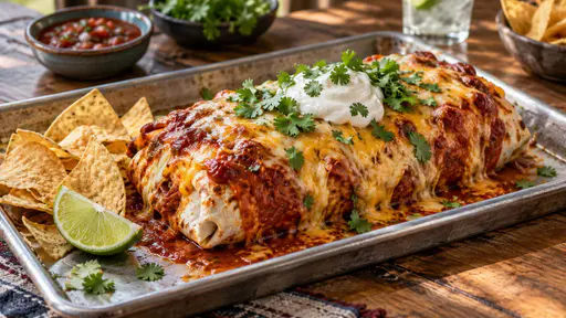 A delectable burrito smothered in red sauce and melted cheese, garnished with sour cream and cilantro, sits on a silver tray with a lime wedge and chips beside it.