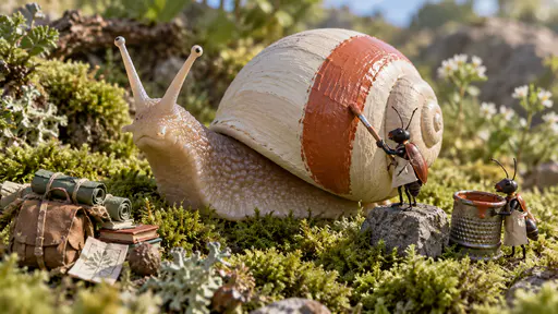 Miniature diorama photograph of a large clay-cream snail on sage moss, its two raised eyestalks turned toward the work as one tiny insect painter dabs a wet terracotta stripe on the shell and the second steadies a dripping thimble of paint; a satchel, paper rolls and tiny books wait nearby.