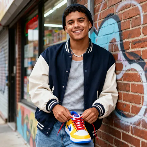 Half-body portrait of a 20-year-old Puerto Rican American sneaker enthusiast lacing teal trainers against painted brick and muted blue-ochre mural blur; warm medium-brown skin, subtle silver chain, soft even wrap light and clean grading.