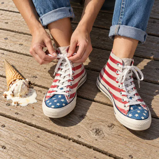 Adult lacing flag painted high top sneakers with stripe sides and starry blue toes on a boardwalk.