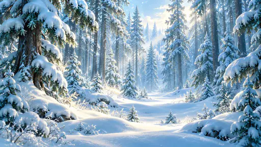 Tall pine trees heavy with fresh snow stand in a quiet winter forest with soft pale light between the trunks above untouched snowy ground.