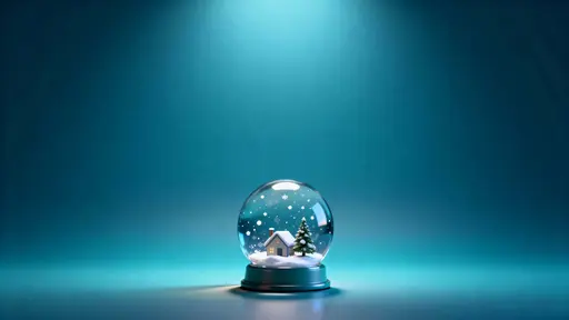 A polished 3D snow globe with a tiny house, small Christmas tree, and suspended snow sits low-center against a soft teal-to-midnight-blue gradient, leaving ample empty space.