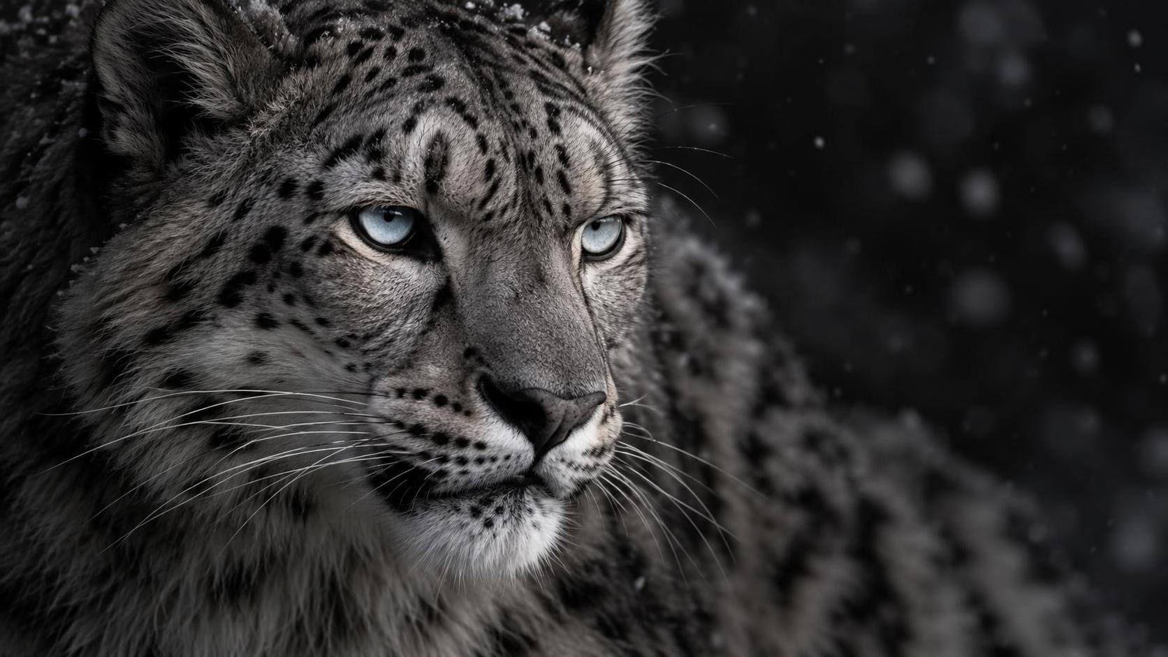 A close up black and white portrait of a snow leopard with thick spotted fur, pale piercing eyes and long whiskers against a soft snowy blur.