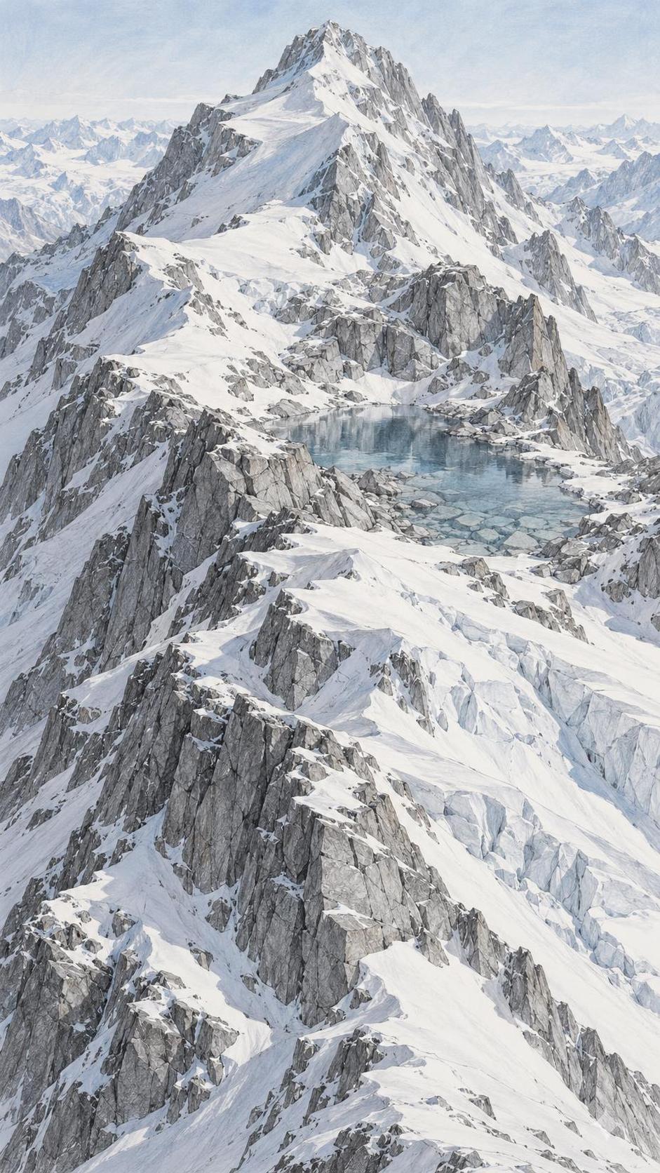 A snow covered mountain has a small crystal clear lake near its peak with rocky shores, wind sculpted snow and a pale cold sky.