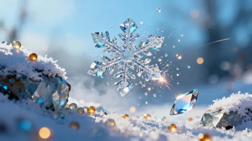 A crystalline snowflake dissolves into thousands of tiny luminous particles over a deep, cool field, emphasizing fragile geometry, gentle motion, and delicate glow in a cinematic 16:9 frame.