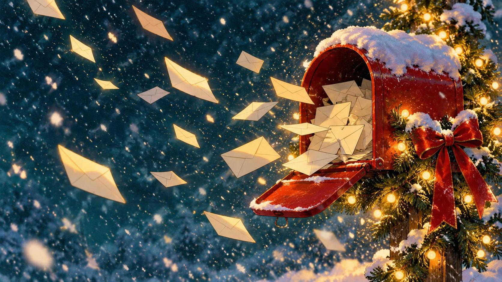 A red snow dusted mailbox with its door open overflows with Christmas cards and letters to Santa with a lit garland and red bow as envelopes fly through heavy snow against a dark teal background.