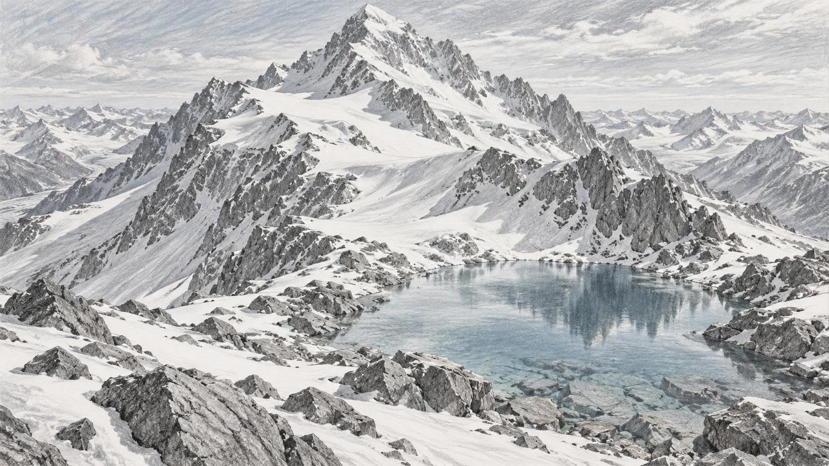 A snow covered mountain has a small crystal clear lake near its peak with rocky shores, wind sculpted snow and a pale cold sky.