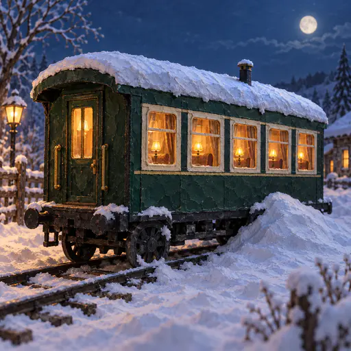 A vintage green passenger carriage with cream window frames, glowing windows and a snow-covered curved roof stands on a short track in sculpted papier mache.