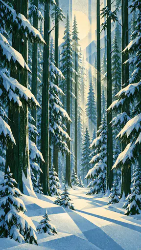 Tall pine trees heavy with fresh snow stand in a quiet winter forest with soft pale light between the trunks above untouched snowy ground.