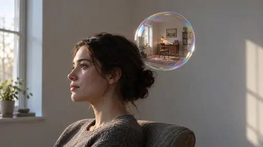 Thought bubble: a side-view conceptual portrait photograph under soft window light, where a clear soap bubble grows from just above a seated person's temple and holds a whole tiny furnished study room with a miniature desk, chair, lamp and rug visibly enclosed inside its transparent surface.