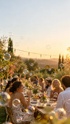 Dozens of soap bubbles at mixed distances drift in front of a long garden party table with plain cups and fruit at golden hour beneath a clean pale sky in a celebration photograph.
