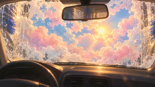 From the driver seat with a dashboard edge and rearview mirror in view, soap foam on the windshield forms a cloudy sky with a small glowing sun in a retro animated style.