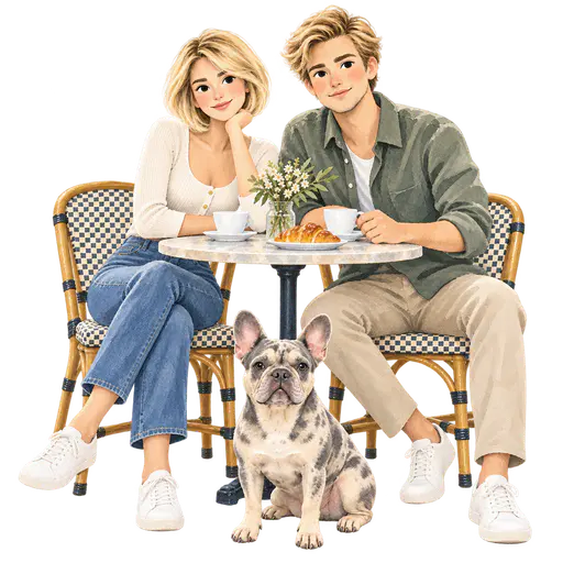 A painted transparent cutout shows a couple seated at a cafe table with flowers, coffee and a croissant, with a French bulldog in front.
