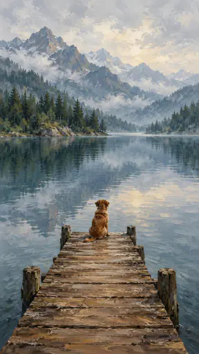 A small brown dog sits on a wooden dock and looks across a calm lake toward soft misty forested mountains in chunky softly blended brushstrokes.