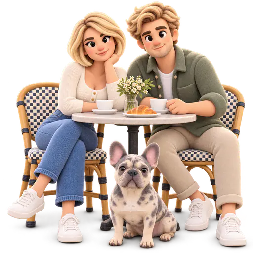 A rounded 3D couple sits on checkered cafe chairs beside a table with cups, flowers and a croissant, with a spotted French bulldog in front.