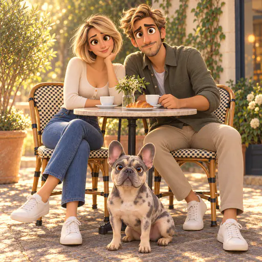 Soft 3D-style character portrait of a couple and their bulldog in warm golden café light.
