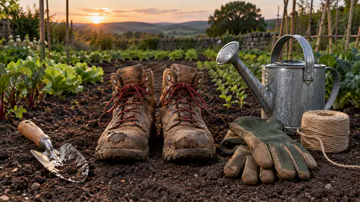 A pair of scuffed tan leather boots with dark red laces stand caked in dark soil at the edge of a vegetable bed beside a trowel, gloves, a coil of twine and a half-filled watering can with young plants behind in low evening light.