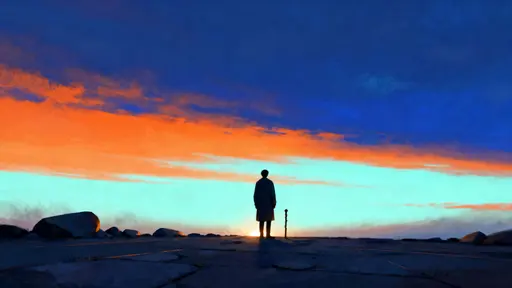 A solitary figure stands slightly behind center in a 16:9 frame, facing a curved luminous horizon of warm orange and cool cobalt bands with a weathered staff anchoring the scene.