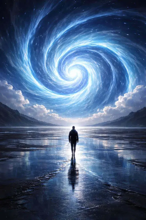 A centered poster-style digital painting of a lone silhouetted figure on a reflective wet seascape facing a glowing electric-cyan spiral vortex in a starry navy sky.