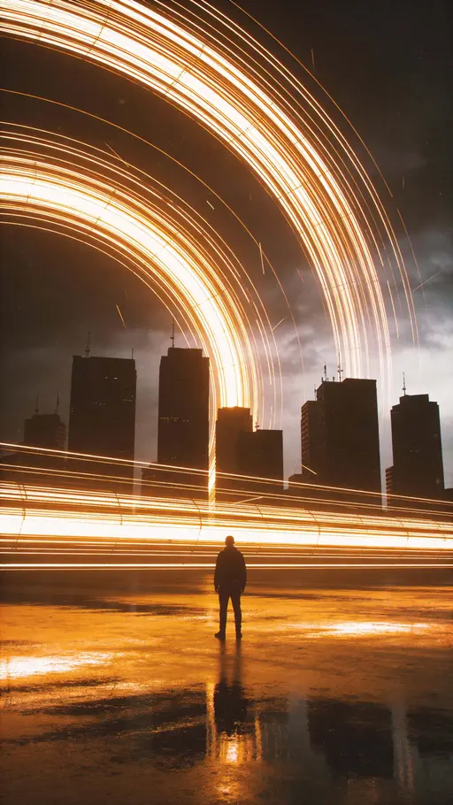 A vertical 9:16 cinematic scene of a solitary figure confronting a storm of bending golden light streaks above a reflective wet ground and dark minimal cityscape, evoking an epic, ultra-realistic atmosphere.