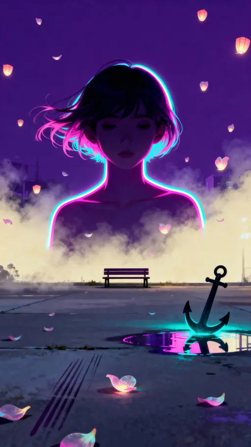 A solitary figure stands centered in a tall 9:16 vertical frame as magenta and cyan petals drift around them against a deep purple urban night, creating a calm luminous portrait.