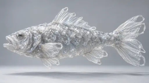 A single fish with bag handle fins and overlapping bag scales is built entirely from crumpled transparent plastic bags on a plain pale grey studio ground.