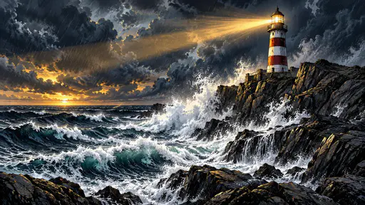 A solitary white and red lighthouse stands on a rugged bluff above crashing waves with its beam cutting through a stormy dusk sky.
