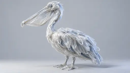 A single standing pelican with layered bag wings, a stretched bag film pouch and twisted handle legs is built entirely from transparent plastic bags on a pale grey ground.