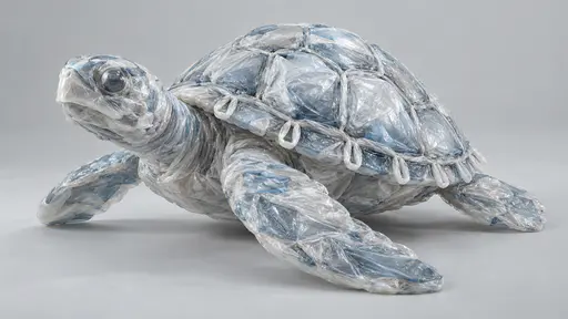 A single sea turtle with a domed shell of layered hexagonal bag plates and folded bag flippers is built entirely from transparent plastic bags on a plain pale grey ground.