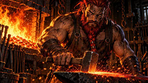 A blacksmith with a soot blackened face and a fiery red braided beard stands in a dark workshop with his eyes lit by forge flames at the left.