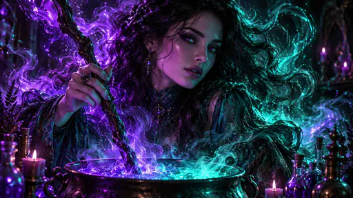 A sorceress with long wavy dark hair in a teal dress stirs a bubbling potion with a gnarled wood staff among vials and candles lit by violet and teal neon.