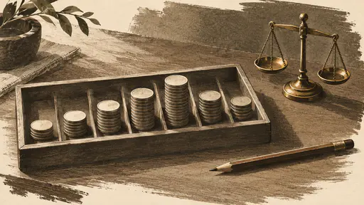 A tray holds rows of plain round coins sorted into short stacks of different heights beside a small brass scale and a pencil in umber aquatint grain.