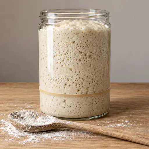 A tall glass jar of bubbly cream sourdough starter on an oak board, a rubber band around the jar below the risen surface and a flour-dusted wooden spoon in front.