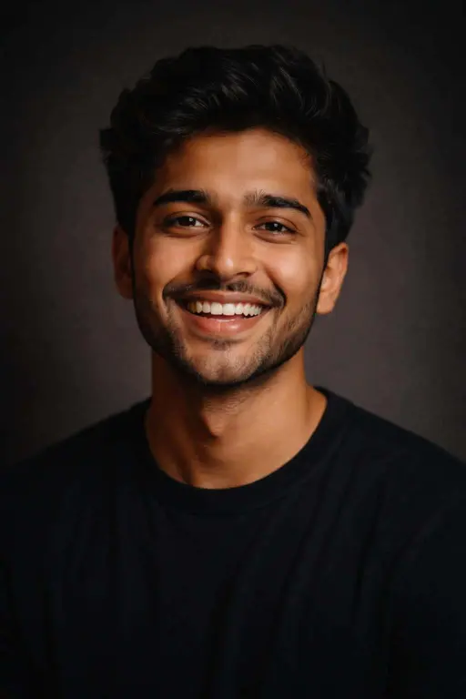 Vertical 2:3 cinematic studio close-up of a smiling South Asian man (mid-20s), tight upper-chest-to-hair crop with warm amber highlights, cool charcoal shadows, and subtle film grain.