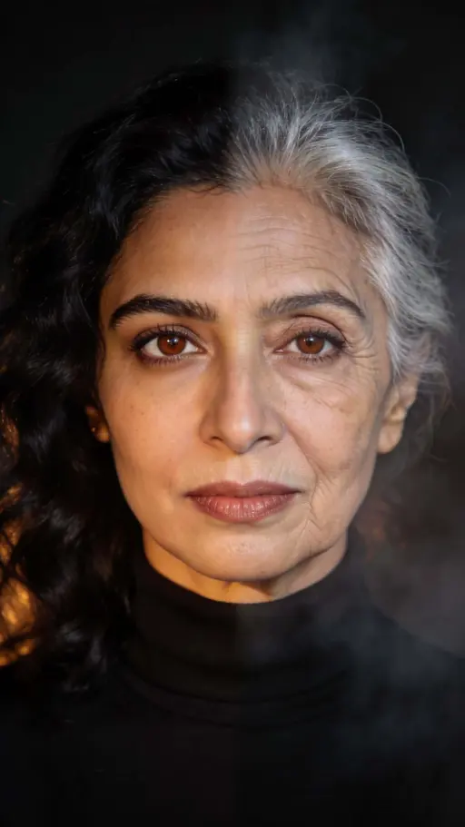 9:16 editorial portrait of a South Asian woman placed lower-middle, morphing from youthful lower-left to early-70s upper-right with seamless facial registration and calm expression.