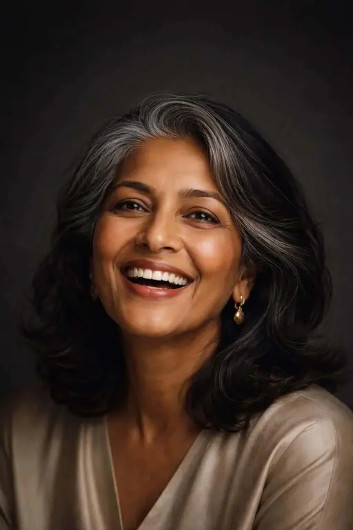 Close-up 2:3 editorial studio portrait of a joyful South Asian woman in her early 60s, collarbone-to-head crop with warm amber highlights, cool charcoal backdrop, and crisp catchlights.