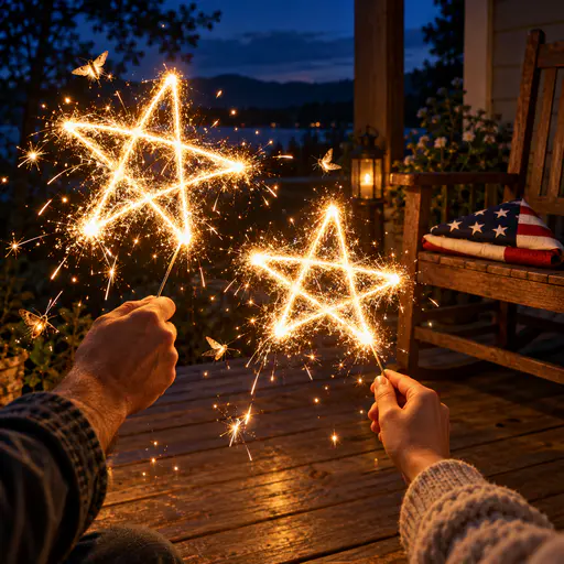 Sparklers tracing star shapes in adult hands at dusk with a folded flag on a porch chair. Thirteen stripes and a neat canton join the party.