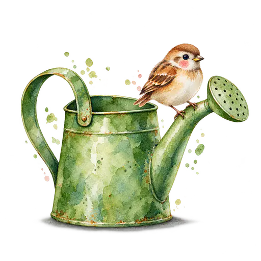 A small brown sparrow perched on the spout of a green metal watering can, seen from the side, on a transparent background.