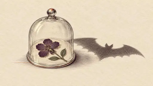 Gothic Halloween still life illustration in antique copperplate engraving style: one clear glass bell jar over a single pressed flower on ivory paper, the flower's shadow falling outside the glass as a crisp bat silhouette in deep aubergine.