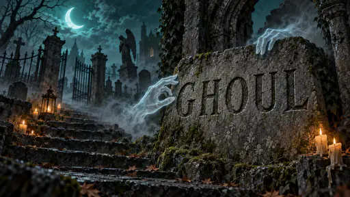 Two translucent hands touch a stone slab engraved GHOUL beside a ruined arch, with candles, lantern, stairs, iron gates and graves beneath a turquoise crescent moon.