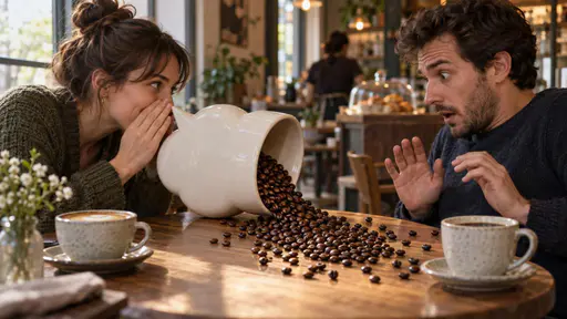 Spill the beans: an eye-level conceptual cafe scene where one person whispers into a ceramic speech-bubble shaped vessel that tips toward a surprised listener, spilling glossy beans across the tabletop under soft window light, everything unlettered.