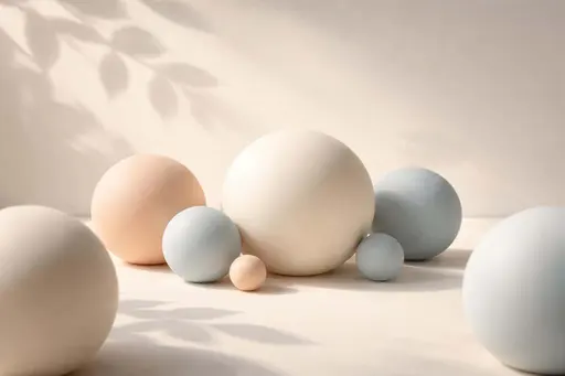 Close-composed still-life photograph of arranged spheres with soft directional light and leaf-like shadows, rendered for wallpaper use with careful 3:2 composition guidance.