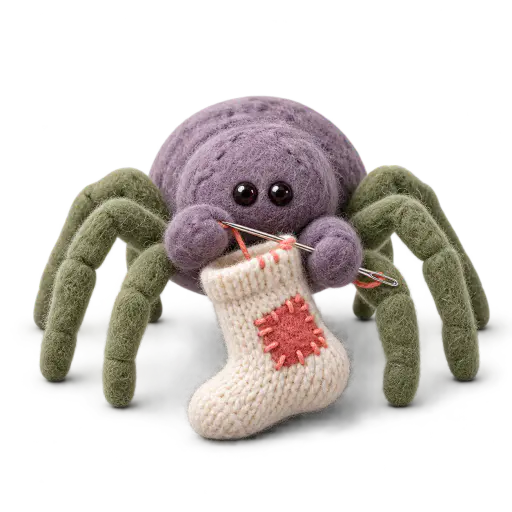 A round needle-felted wool spider with a dusty-violet body, dark bead eyes and eight sage-green legs, its two front legs stitching a plain steel yarn needle through a small bone-white sock with a single faded-coral patched square, photographed on a fully transparent background with a soft contact shadow, for cute spider Halloween illustration and seasonal decoration use.