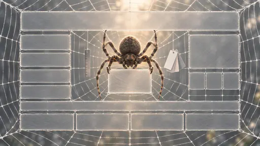 Web designer: a spider stretches a taut silk rectangle into a website-like grid spanning its web, a tiny ruler and blank color-swatch cards hanging from neighbouring lines, backlit macro photography with no text anywhere.